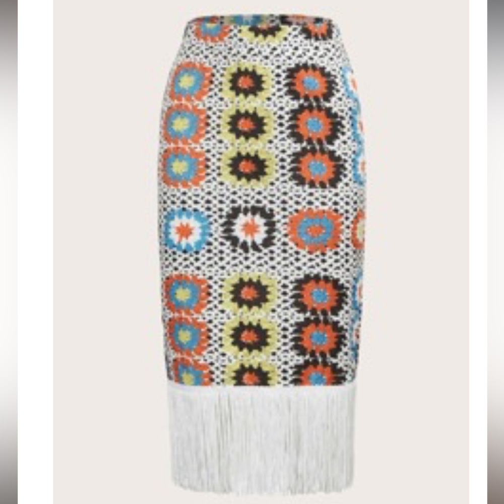 Floral print fringe hem skirt